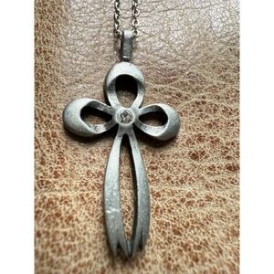 Vintage Silver Tone Signed Camco Celtic Cross Pendant Rhinestone Necklace 24"